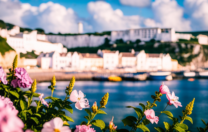 An image capturing Dover's allure: A sun-kissed coastal town embracing history, where the iconic White Cliffs majestically meet the azure sea, while locals stroll along quaint cobbled streets, adorned with charming cottages and vibrant flower-filled gardens