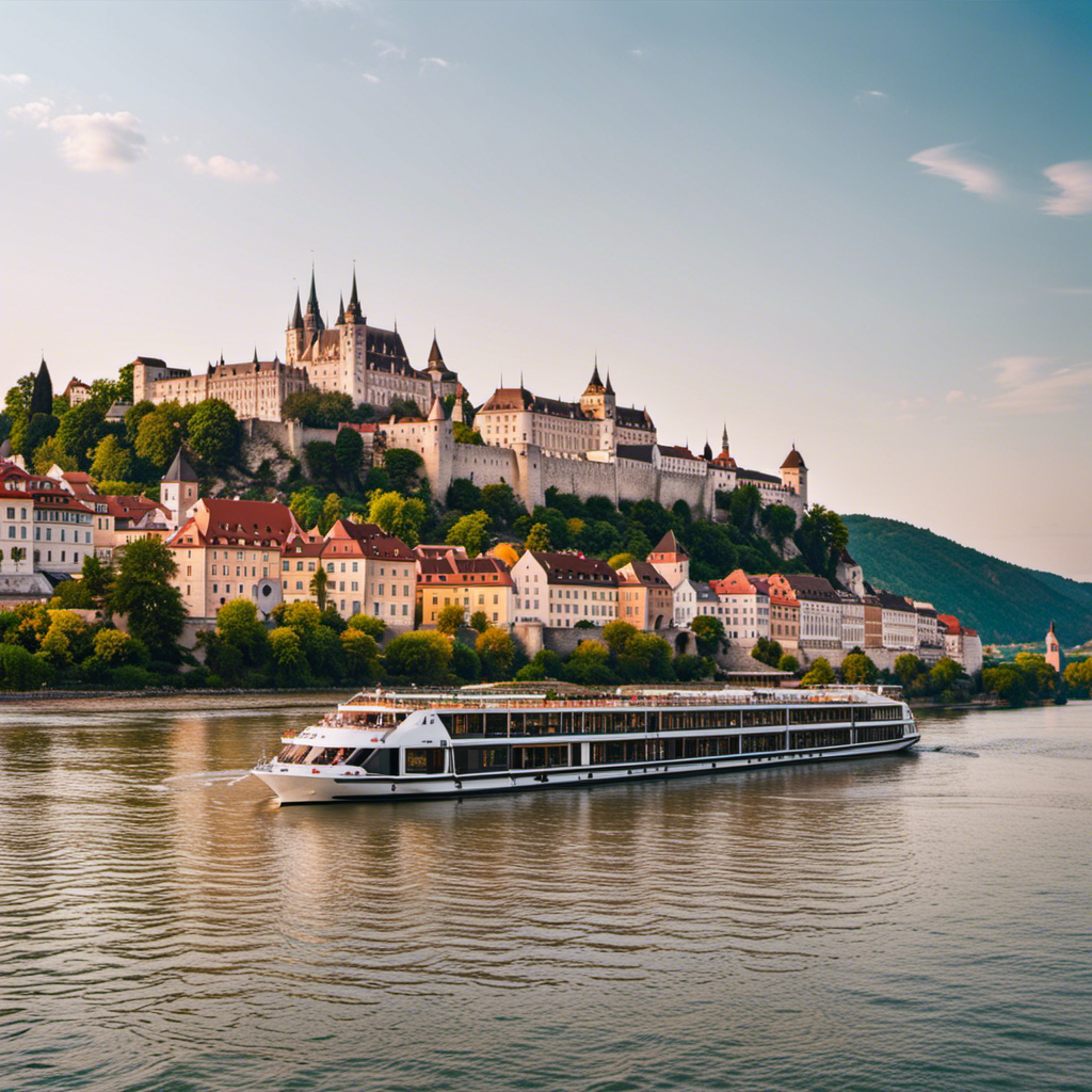 the essence of Europe's charm with an image of a luxurious river cruise ship gliding along the tranquil waters of the Danube, flanked by picturesque medieval castles and vibrant, colorful villages