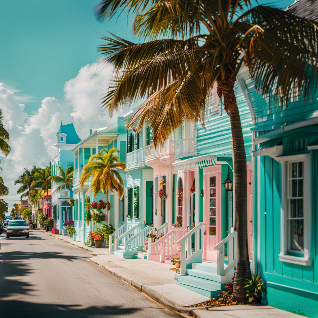 the essence of Key West's authenticity: a narrow cobblestone street lined with colorful pastel houses, swaying palm trees, locals selling fresh seafood, vibrant street art, and the sparkling turquoise waters of the Gulf of Mexico in the background