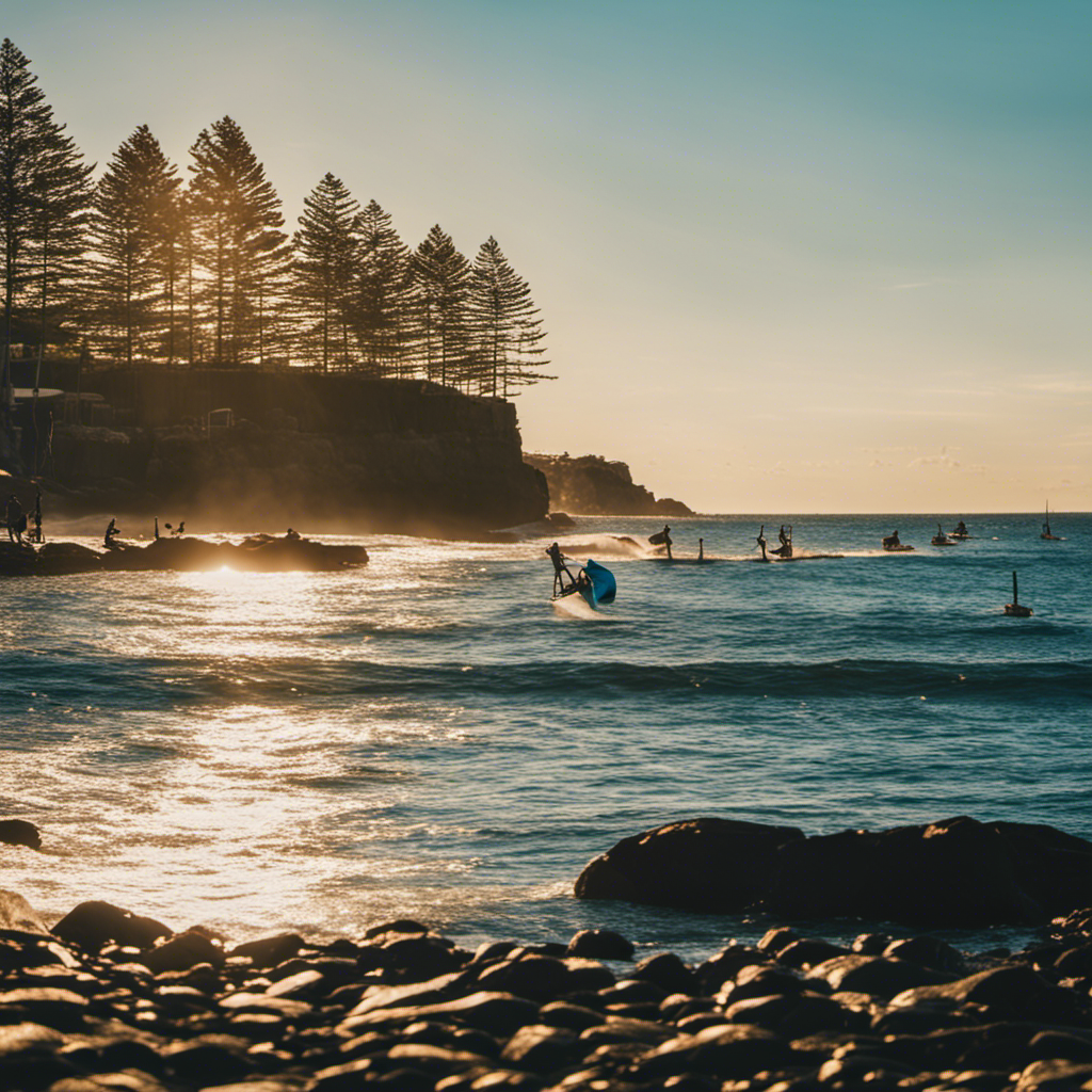 An image showcasing the vibrant Port Mooloolaba: Sun-kissed beachgoers indulging in thrilling water sports, panoramic views of coastal cliffs, and bustling cafes serving delectable seafood under a clear blue sky