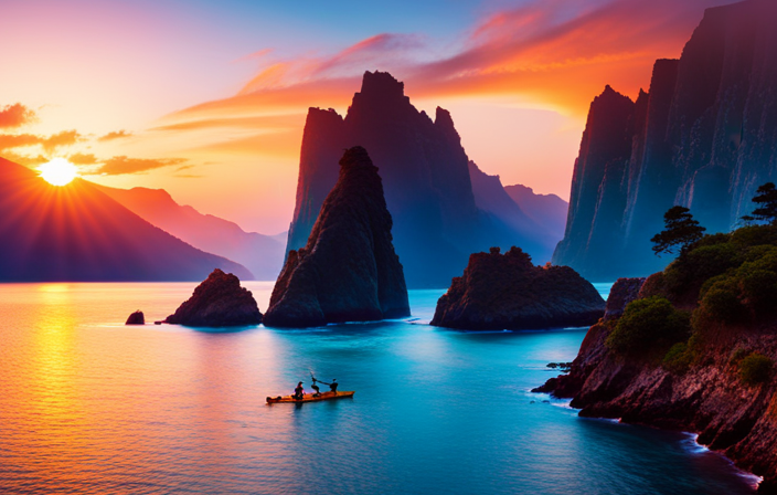 An image that captures the essence of exploration and adventure by featuring a rugged coastline adorned with towering cliffs, pristine blue waters, and a solitary kayak gliding towards uncharted territories under a vibrant sunset sky