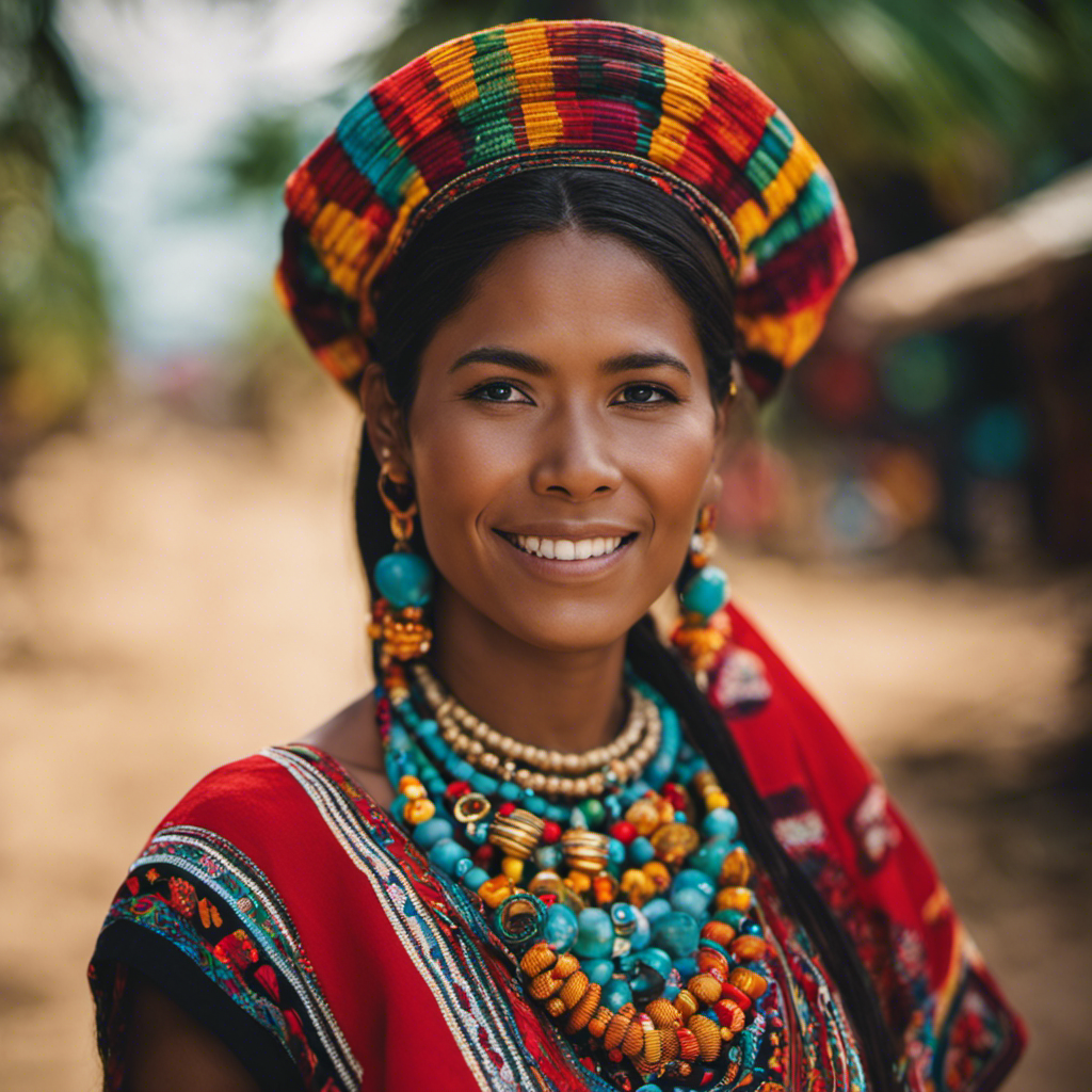 the essence of San Blas, Panama's vibrant culture through an image of a traditional Guna woman adorned in her intricate mola blouse, vibrant beads, and a vibrant tapestry backdrop showcasing the region's rich heritage