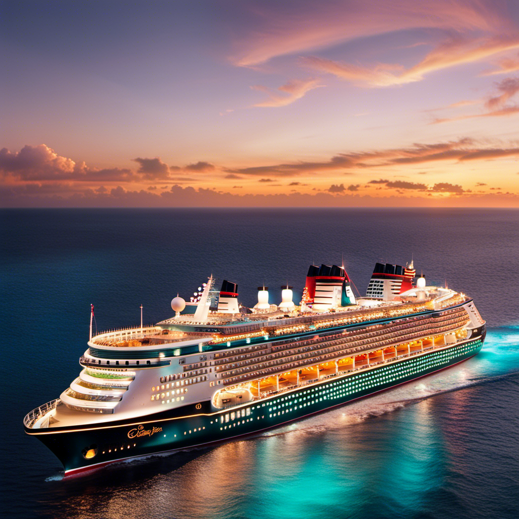 An image of a majestic Disney cruise ship sailing through vibrant turquoise waters, with families laughing on deck, enjoying thrilling water slides, indulging in gourmet dining, and being mesmerized by spectacular firework displays at night
