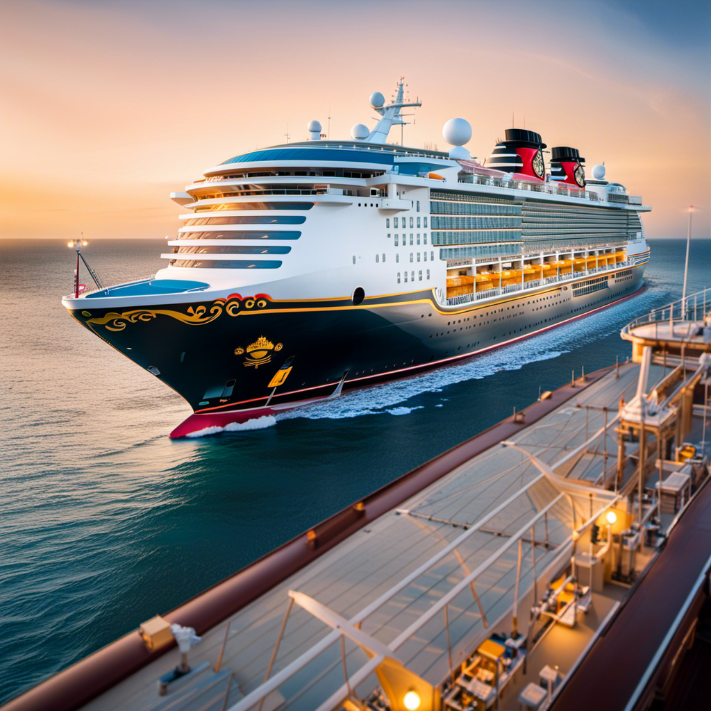 An image depicting a cheerful Disney Cruise Line ship adorned with a vibrant banner stating "Vaccinated Crew & Guests Only," ensuring safe and enjoyable sailings for all