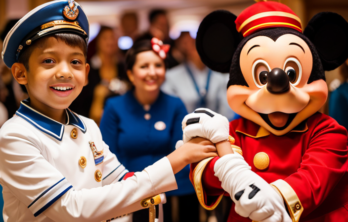 An image showcasing the heartwarming collaboration between Disney Cruise Line and Make-A-Wish, capturing the joyous smiles of children aboard the ship, surrounded by beloved Disney characters, as dreams come true