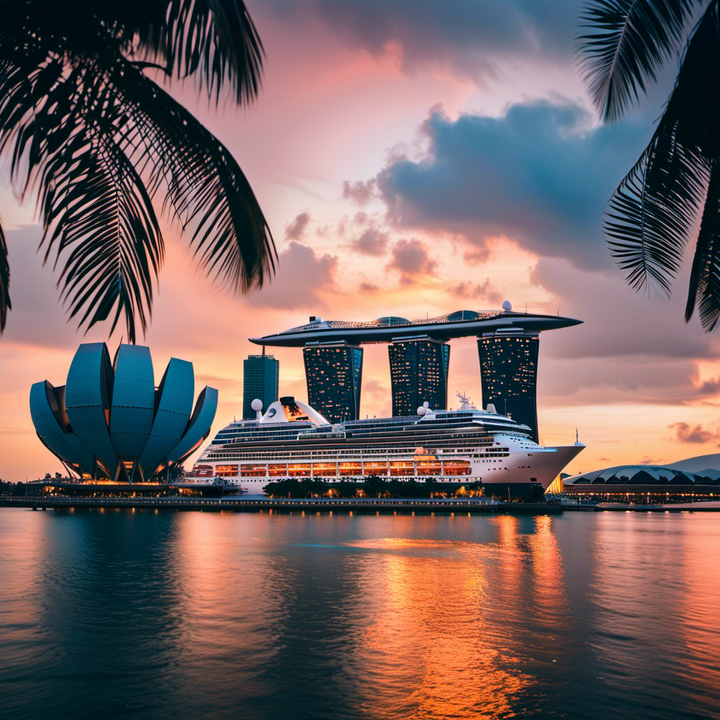 An image showcasing the iconic skyline of Singapore, with the majestic Disney Cruise Line ship sailing along the sparkling Marina Bay