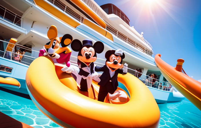 An image that showcases a joyful family onboard a Disney cruise ship, surrounded by iconic characters, enjoying a pool day with waterslides, while the ship sails in crystal-clear waters under a vibrant blue sky