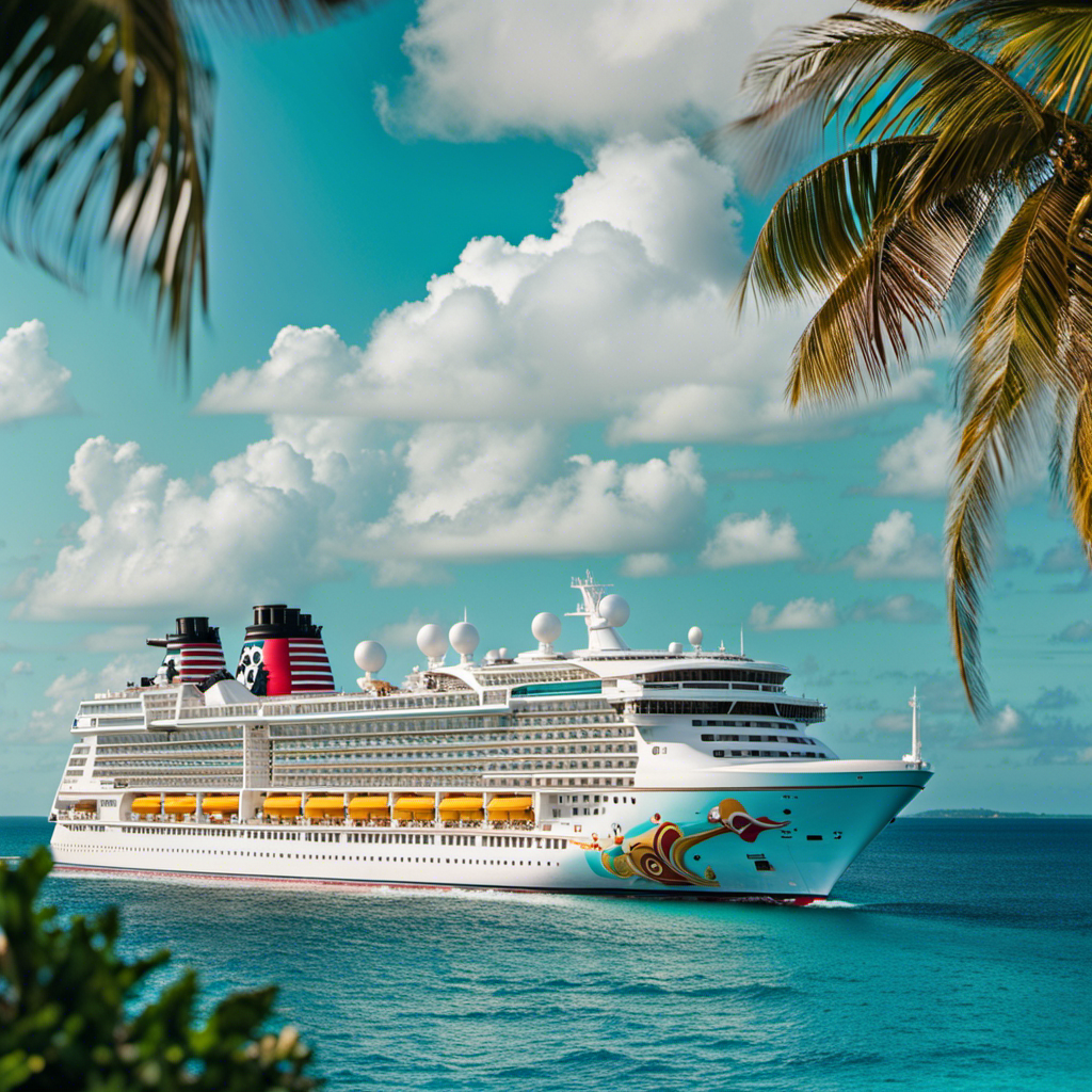 An image showcasing a luxurious Disney Cruise ship gliding through turquoise Caribbean waters, with vibrant tropical islands in the background, as happy families enjoy new onboard experiences and breathtaking destinations