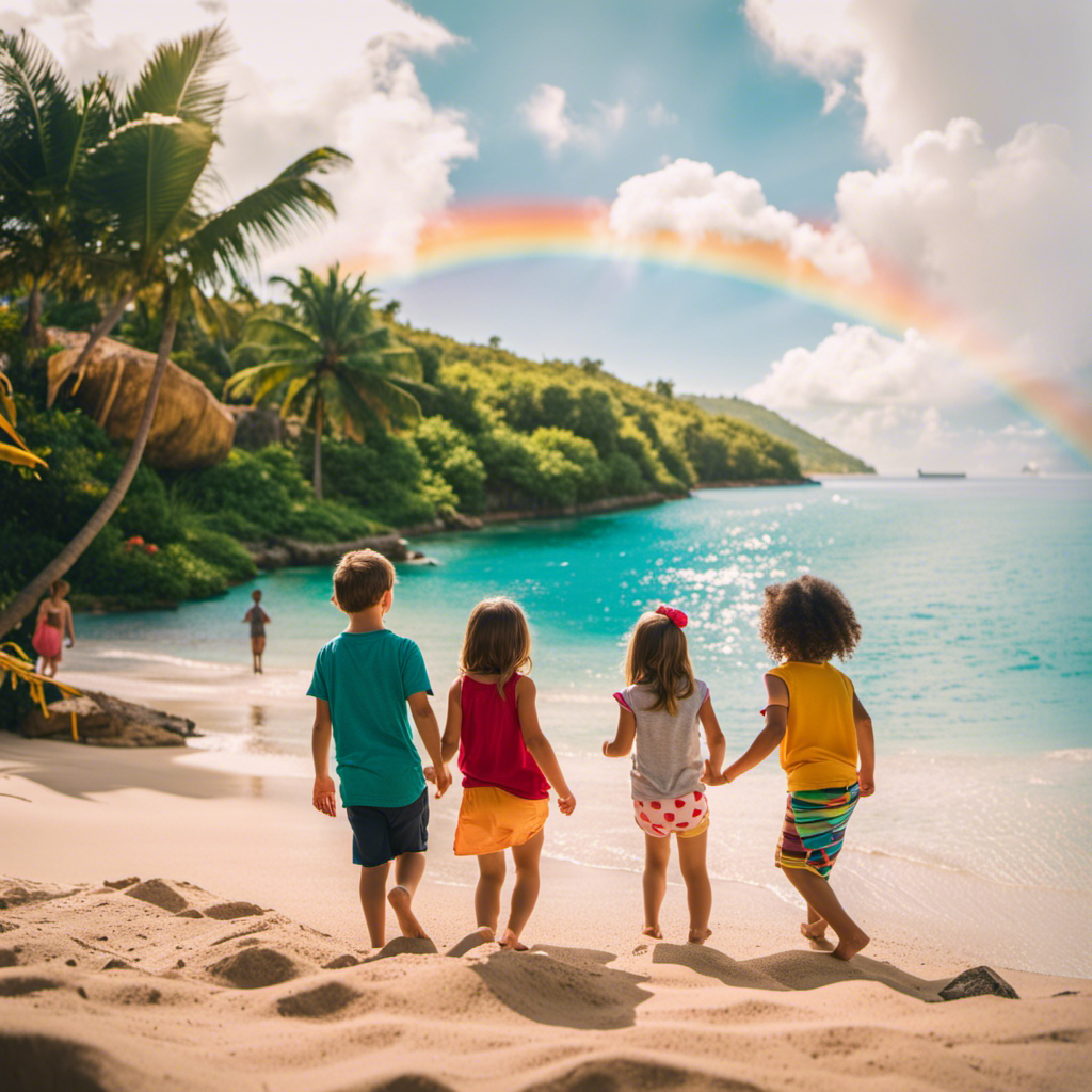 An image of a family eagerly exploring a secluded beach on a Disney cruise, as a rainbow-hued, open-air water slide looms in the background, promising thrilling adventures and magical memories