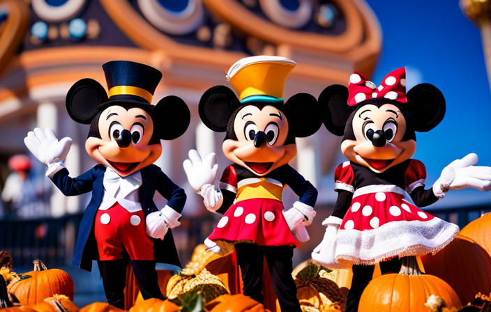 An image capturing the magic of Disney Cruise Line's holiday and Halloween sailings: Mickey and Minnie in festive costumes, surrounded by glowing pumpkins, twinkling lights, and a breathtaking ocean backdrop