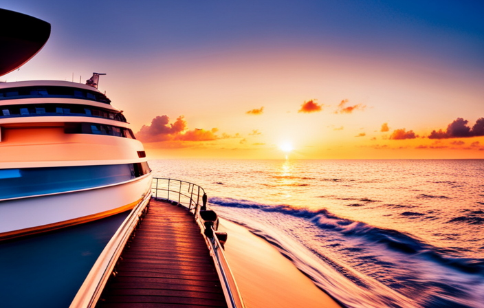 An image showcasing a breathtaking sunset over a pristine Caribbean beach, with a Disney Cruise Line ship elegantly sailing into the horizon, hinting at the enchanting destinations and adventures that await during their Fall 2016 itineraries