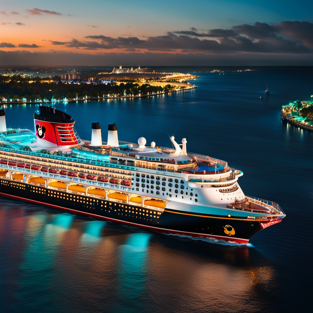 An image showcasing Disney Cruise Line's fleet expansion: a magnificent ocean liner adorned with iconic Disney characters, towering waterslides, and magical fireworks illuminating the night sky, all set against a backdrop of crystal-clear turquoise waters