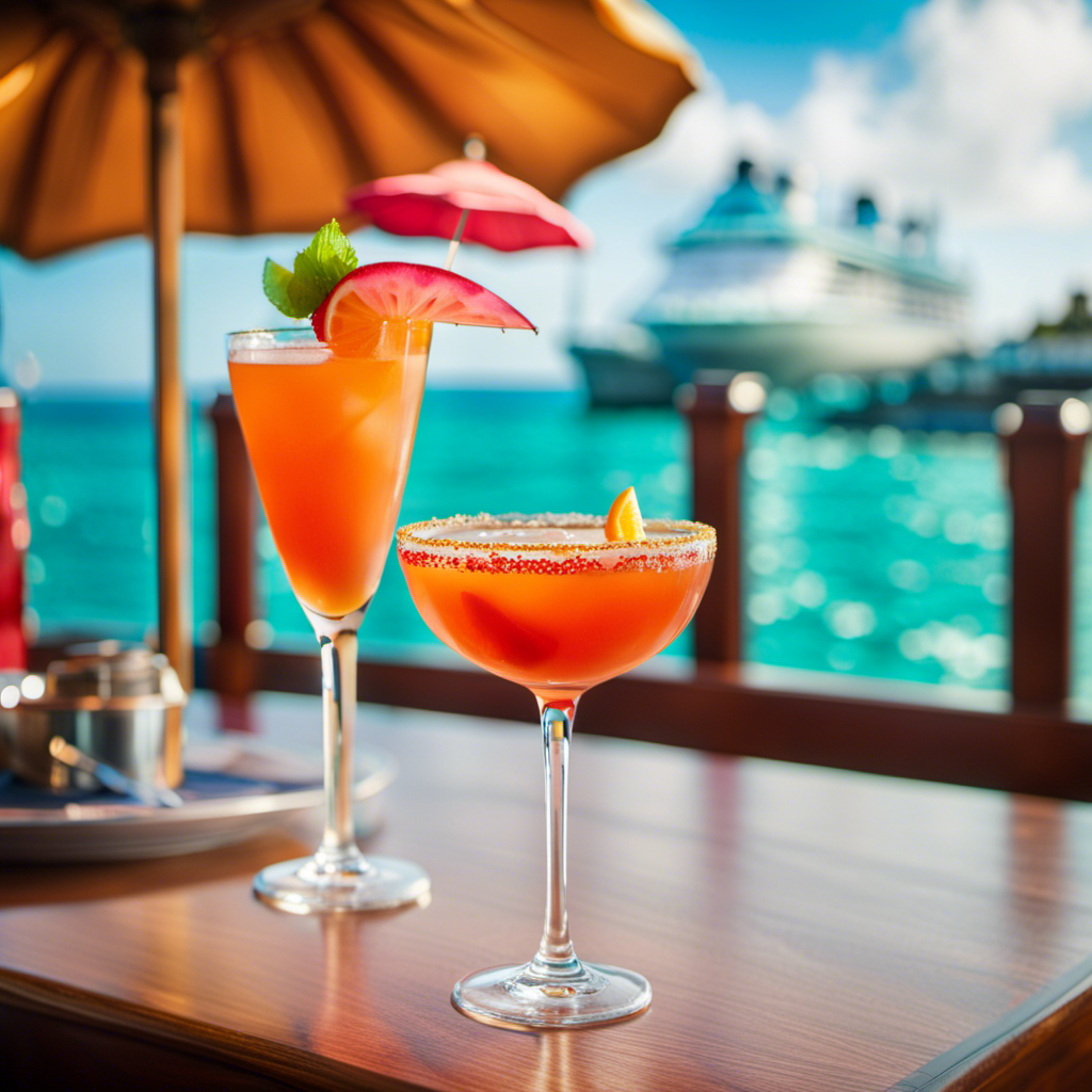 An image capturing the essence of Disney Cruise Line's Irresistible Cocktail Collection, with vibrant tropical colors, a frosty glass adorned with a whimsical umbrella, and a backdrop of a shimmering turquoise ocean