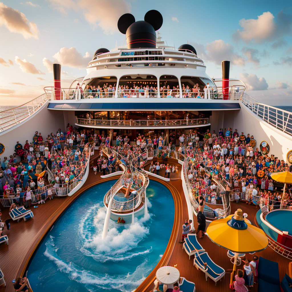 An image capturing the excitement of Disney Cruise Line's return-to-service plans: a vibrant mosaic of happy families aboard a majestic ship, framed by cascading fireworks and the iconic Disney characters waving from the deck