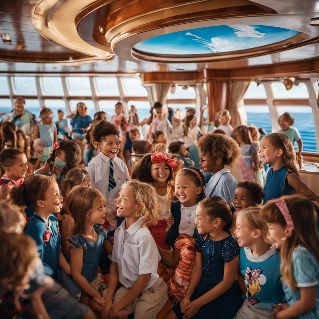 An image showcasing a joyful group of vaccinated children, surrounded by iconic Disney characters, boarding a Disney Cruise Line ship