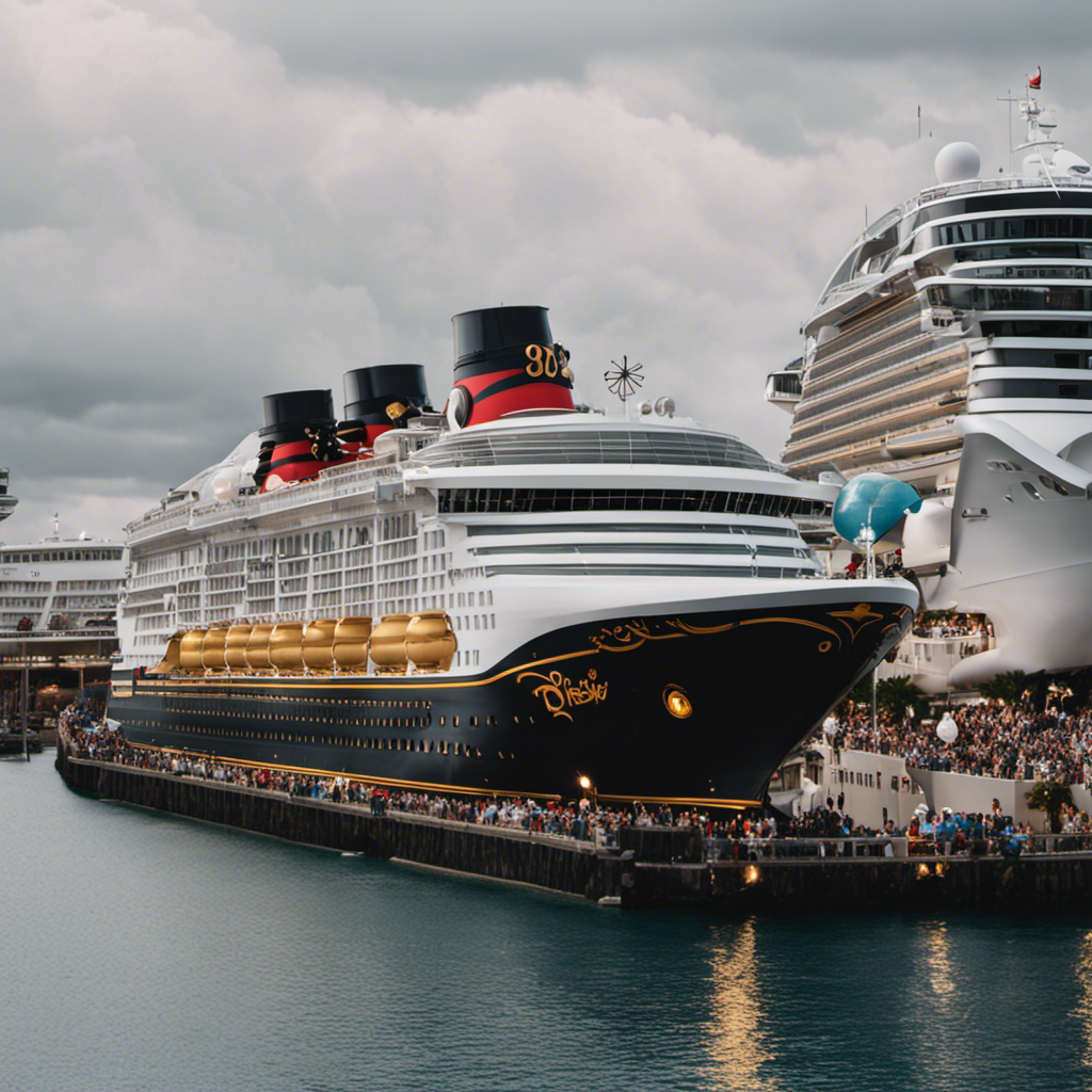 An image showcasing a majestic Disney cruise ship docked at a picturesque port, surrounded by a queue of excited families wearing Mickey Mouse ears, exuding anticipation and uncertainties as they eagerly await their magical voyage