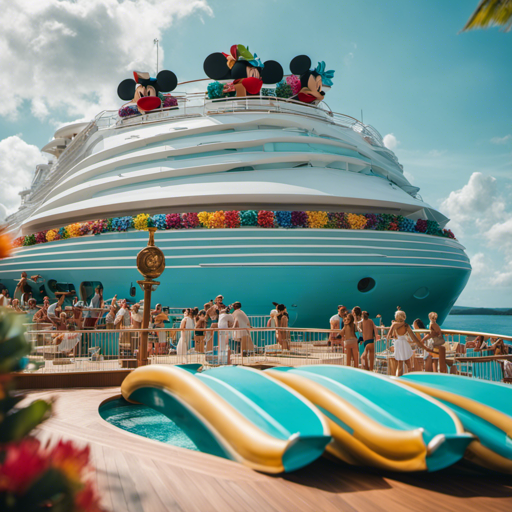 An image showcasing the iconic Disney Cruise Line ship, adorned with vibrant summer decorations, sailing through crystal-clear turquoise waters, surrounded by happy families enjoying water slides, sunbathing on deck, and exploring exotic tropical destinations