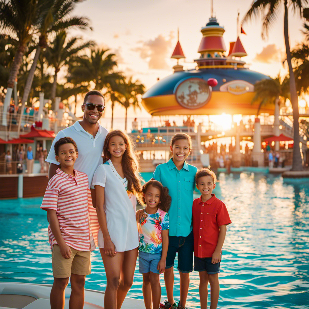 An image showcasing a family on a Disney Cruise ship, surrounded by turquoise waters, palm trees, and a vibrant sunset, contrasting with an image of a family at Disney World, immersed in a bustling theme park filled with iconic characters and attractions
