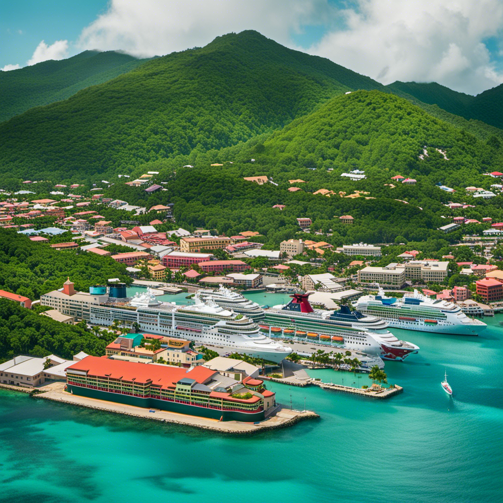 An image of a vibrant, sun-kissed Tortola, displaying a picturesque harbor where the Disney Fantasy majestically docks amidst turquoise waters