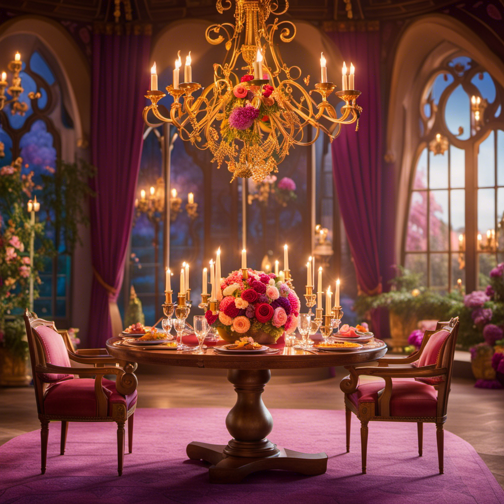An image showcasing Rapunzel's Royal Table, adorned with enchanting lanterns, vibrant flowers, and a majestic chandelier