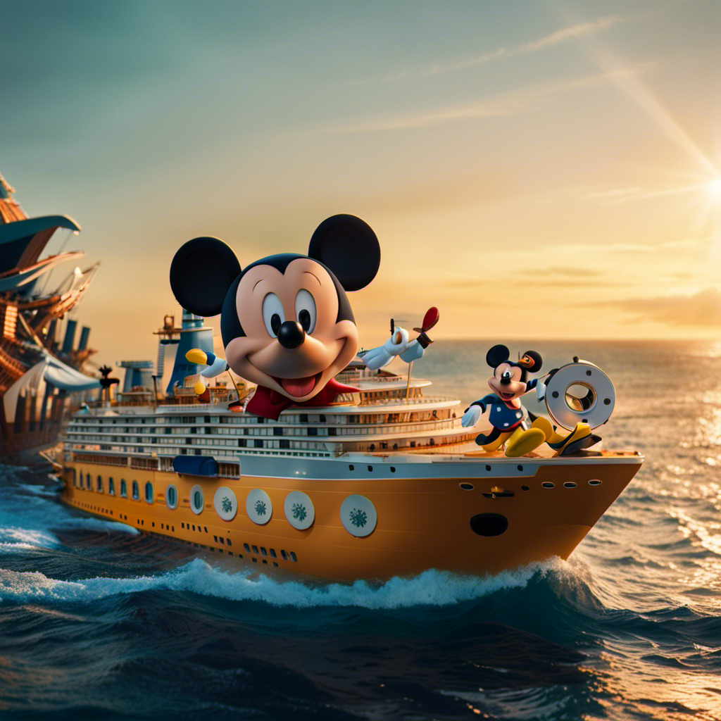 An image of a vibrant underwater world where Mickey Mouse and a Royal Caribbean ship engage in a playful tug-of-war with a film reel, surrounded by enchanting sea creatures, as the sun sets on a magical horizon