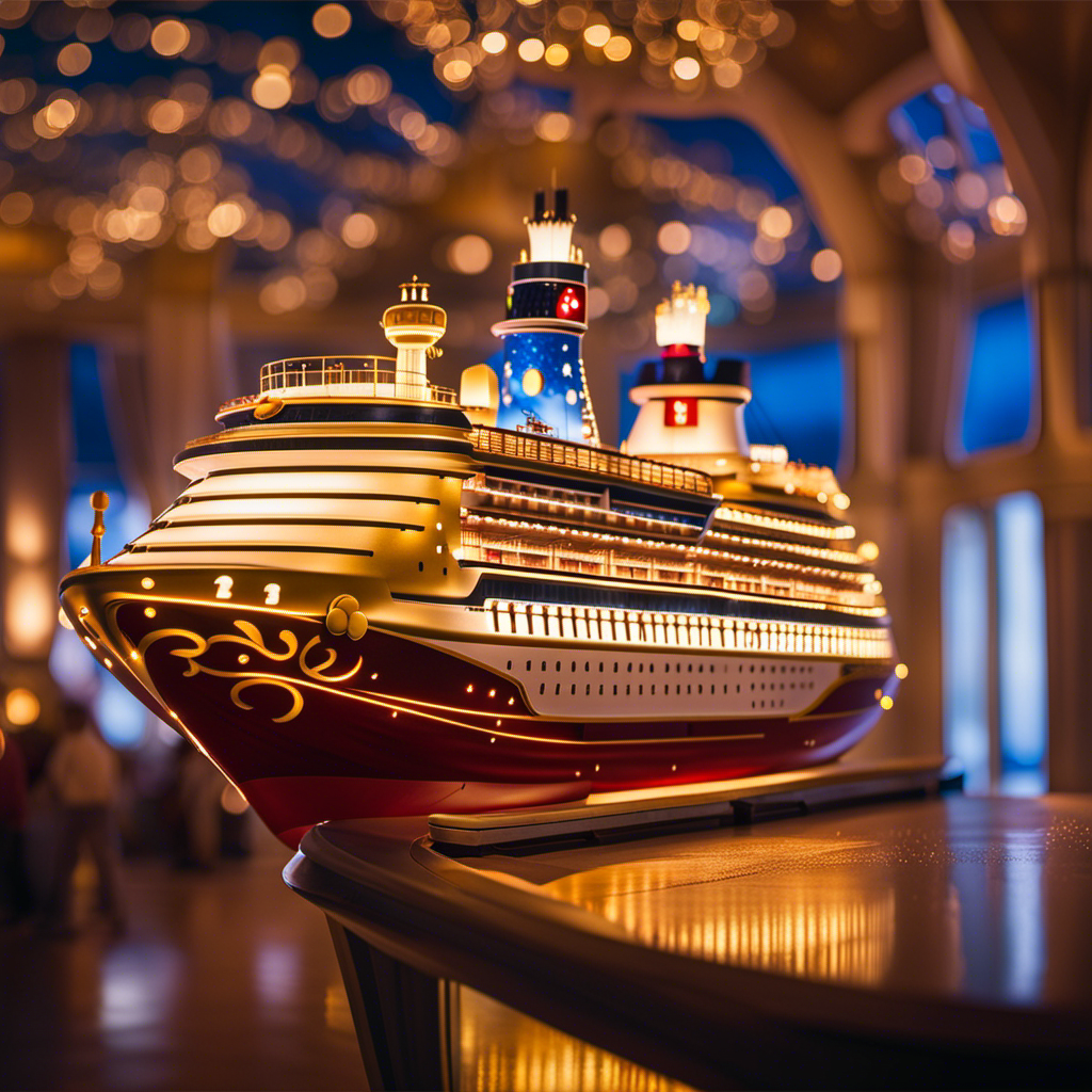 An image capturing the enchantment of the Disney Wish: a majestic cruise ship adorned with sparkling lights, towering golden funnels, and whimsical characters inviting guests to embark on a dreamlike voyage at sea