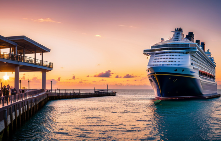 Lively Port Canaveral dock bustling with anticipation as the iconic Disney Wish ship majestically glides towards the shore, adorned with vibrant character murals and sparkling lights, casting a magical glow