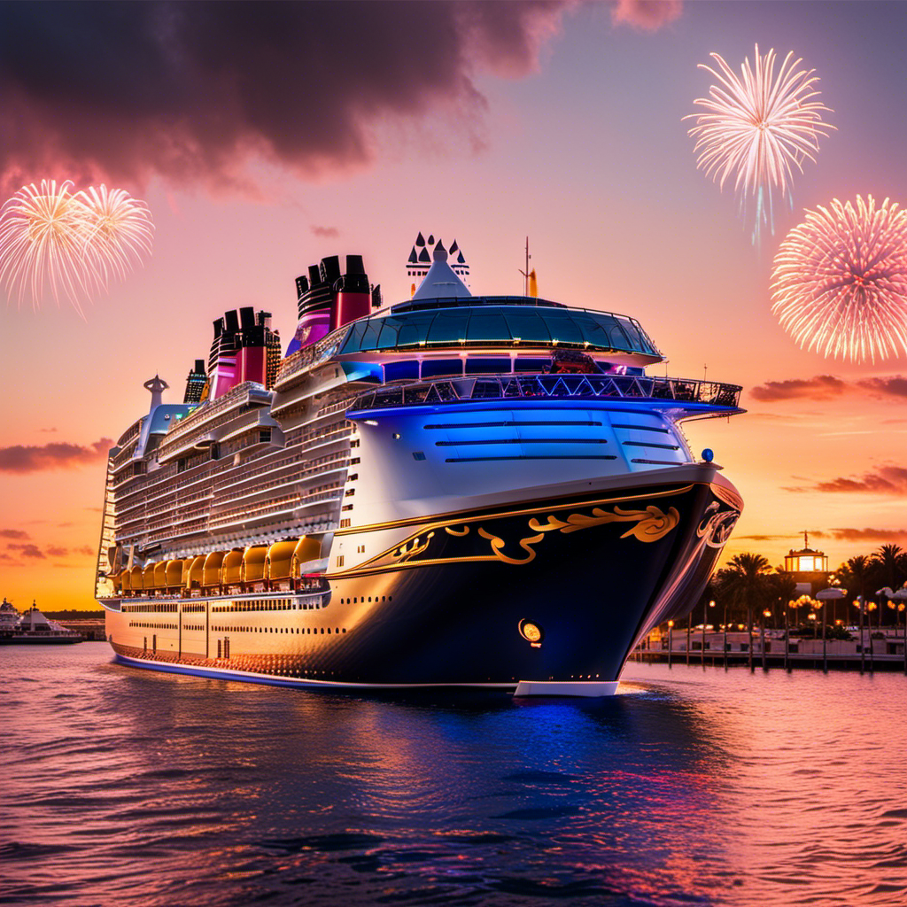 An image showcasing the majestic Disney Wish Ship sailing amidst a stunning sunset, with families enjoying thrilling water slides, whimsical characters welcoming guests, and a vibrant fireworks display illuminating the night sky
