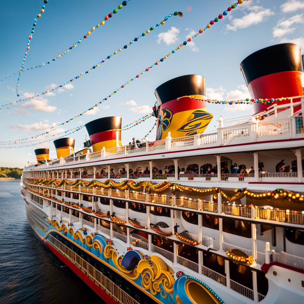 An image capturing the enchanting fusion of Disney and New Orleans: the Disney Wonder cruise ship gliding along the Mississippi River, adorned with colorful Mardi Gras beads, while vibrant jazz tunes fill the air