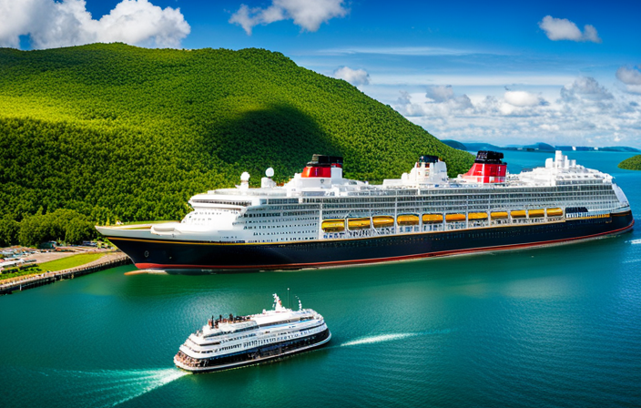 An image capturing the majestic Disney Wonder sailing gracefully through the recently constructed Panama Locks, with vibrant turquoise waters contrasting against the deep blue sky, showcasing the ship's new enhancements