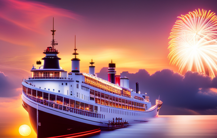 An image capturing the enchanting transformation of the Disney Wonder, showcasing its gleaming new decks, vibrant water slides, whimsical character statues, and a dazzling fireworks display illuminating the night sky