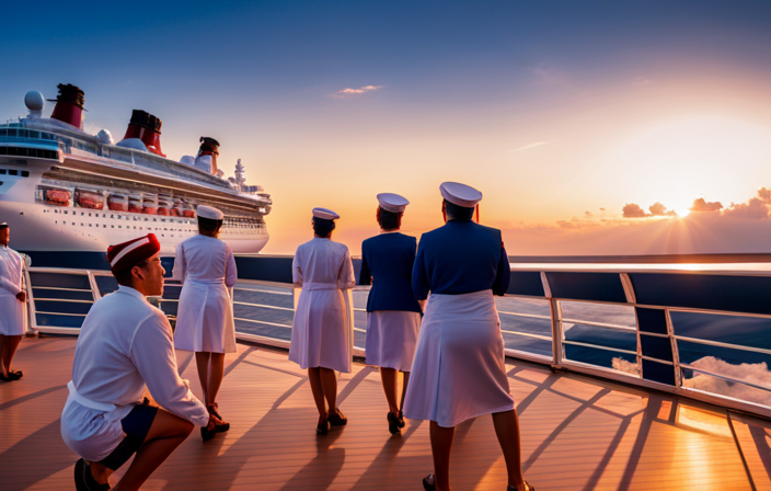 An image showcasing a vibrant cruise ship deck at sunset, with crew members wearing Disney Cruise Line uniforms engaged in lively conversations