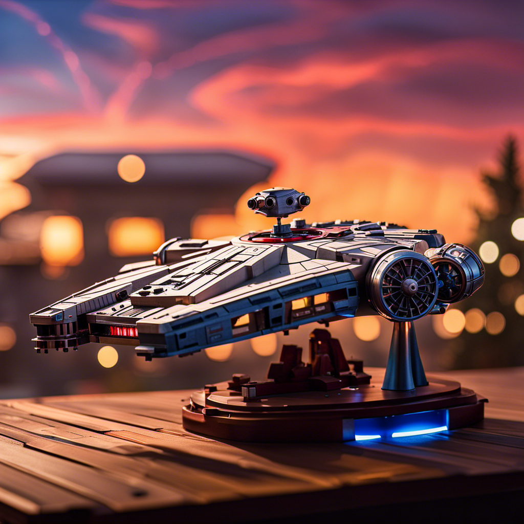 An image that showcases the iconic Millennium Falcon soaring through a vibrant sunset sky, while Iron Man and Captain America battle it out on a deck adorned with Marvel-themed decorations