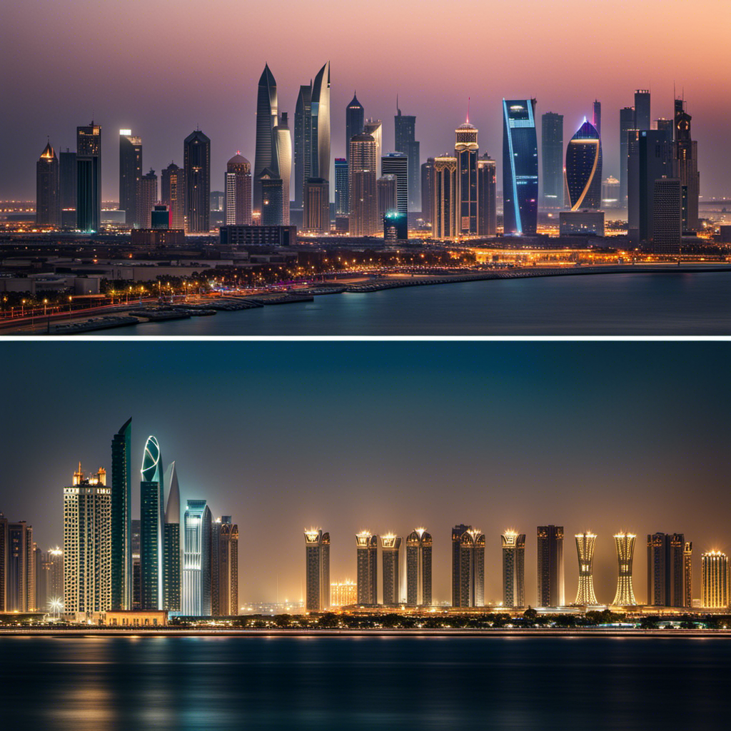 An image showcasing the vibrant contrast of Doha's skyline against the vast desert backdrop