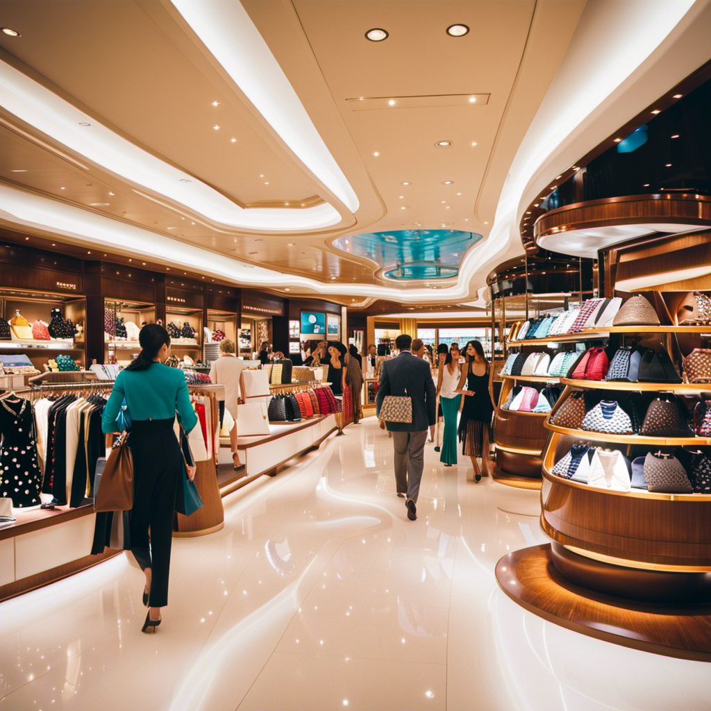 An image that captures the allure of duty-free shopping on a cruise: a bustling onboard boutique filled with gleaming displays of luxury goods, adorned with vibrant tax-free price tags, and surrounded by smiling passengers eagerly exploring the endless retail possibilities