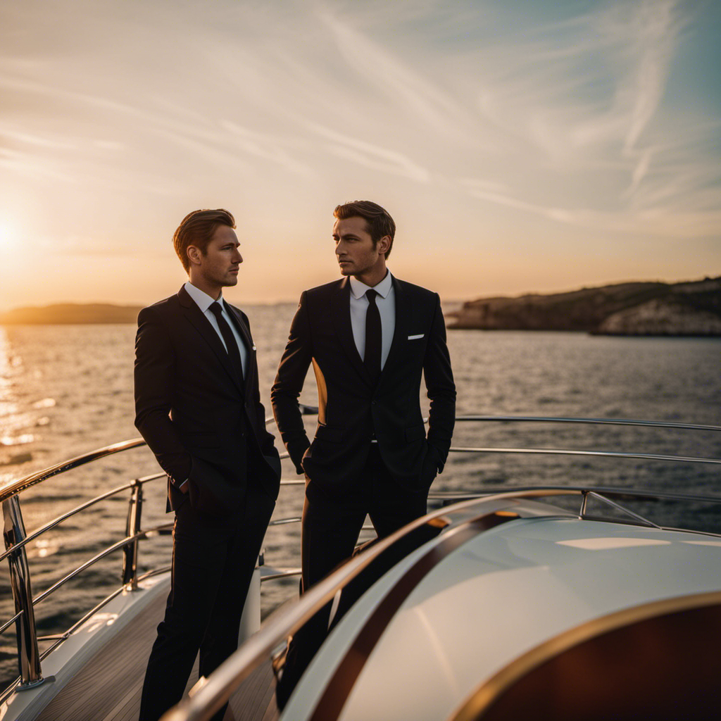 Ividuals, dressed in sleek black suits, stand side by side on the deck of a luxurious yacht