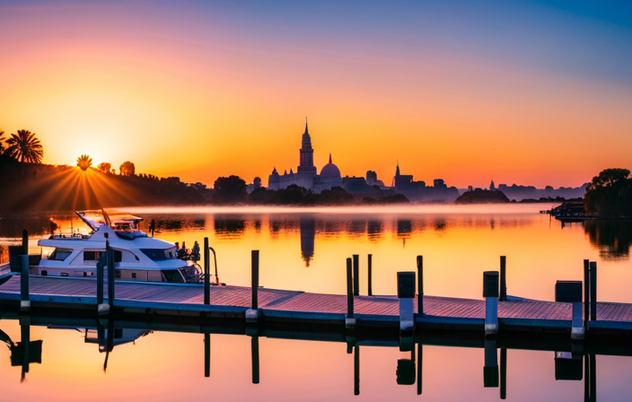 Nt sunset casts warm hues over a serene river, as a luxurious Le Boat glides through the water