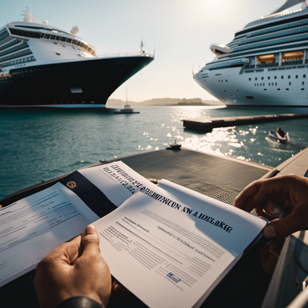 An image featuring a cruise ship docked at a port, with passengers disembarking and a legal document being exchanged between a passenger and a crew member