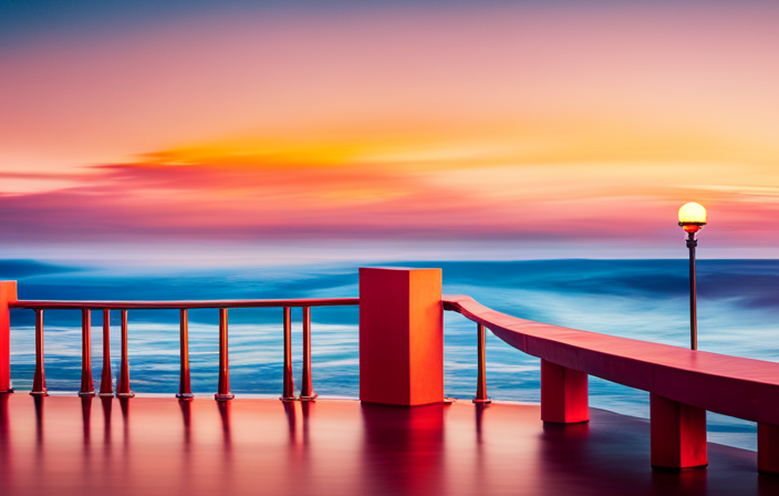 An image capturing the breathtaking beauty of a serene early morning on a cruise ship; vibrant hues of orange and pink painting the sky as the rising sun reveals unexpected surprises on the horizon