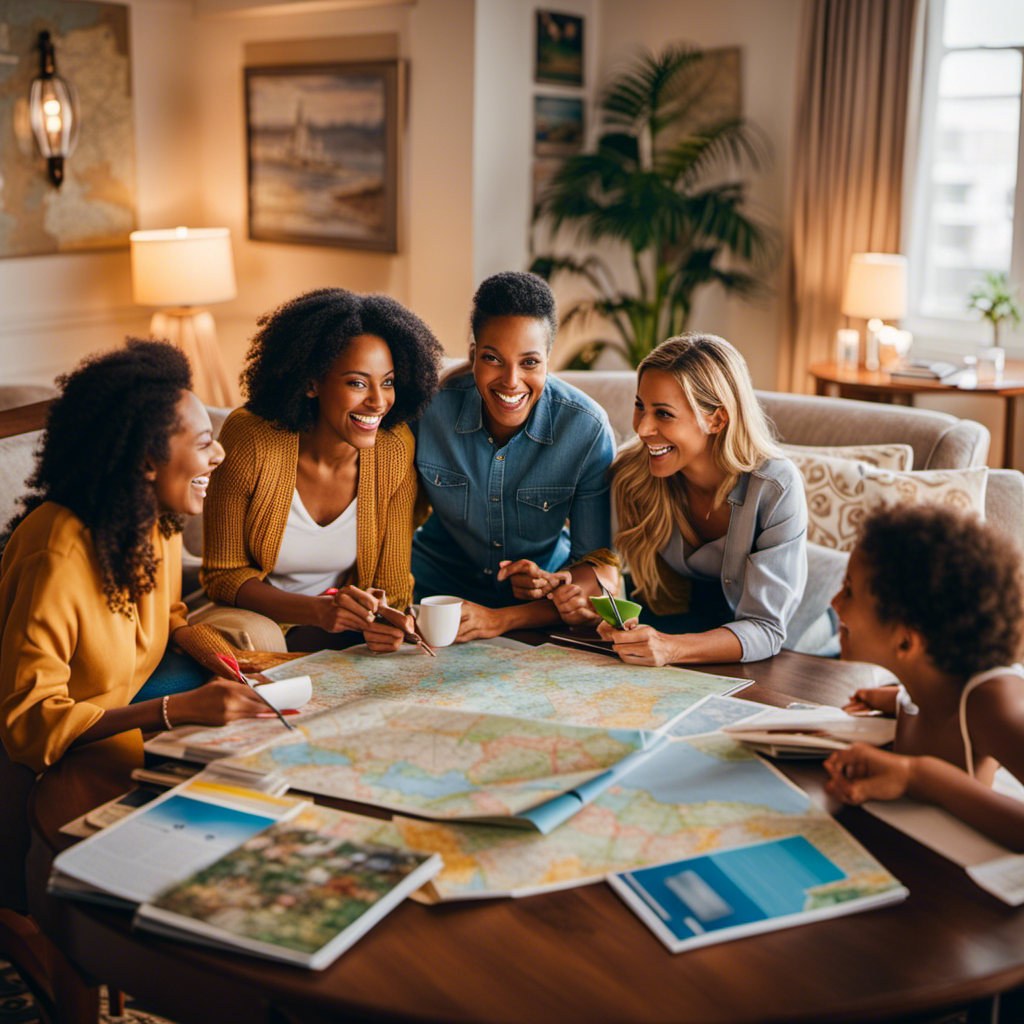 An image capturing the excitement of early holiday cruise planning: A cozy living room with a family gathered around a table covered in maps, brochures, and colorful travel guides, their faces beaming with anticipation