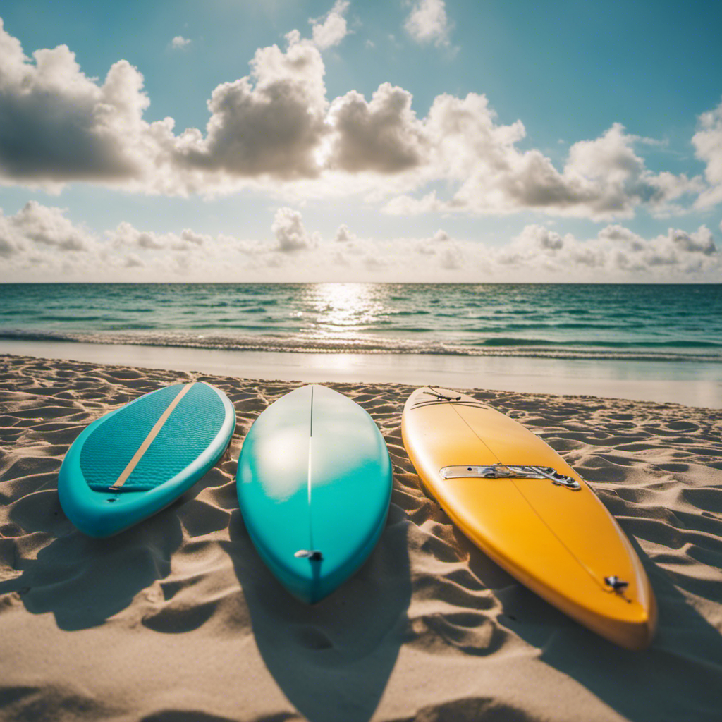 An image showcasing a serene coastline in Florida, with crystal clear turquoise waters, a vibrant blue sky, and a row of colorful paddleboards lined up on the sandy beach, ready for easy rentals