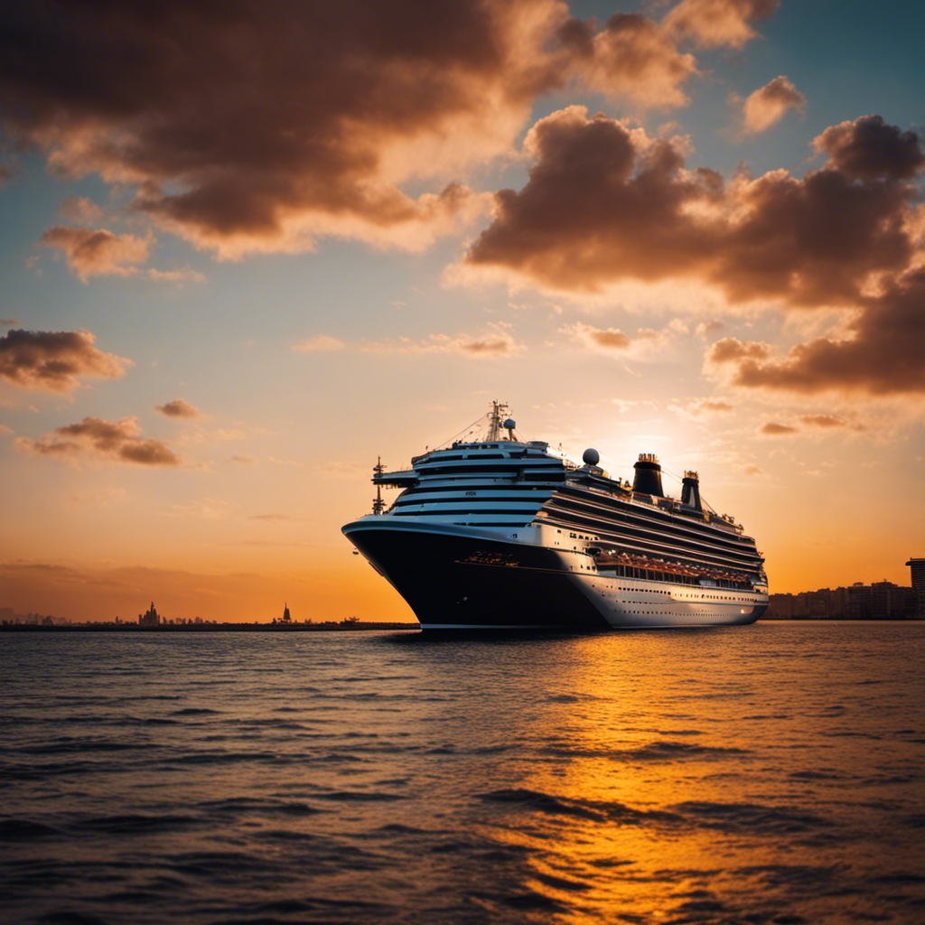 An image of the majestic Ecstasy cruise ship, adorned with vibrant vintage colors and gracefully sailing under a radiant sunset sky