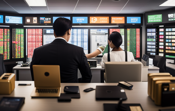 An image showing a traveler exchanging currencies at a reputable exchange desk, with clear signage displaying competitive exchange rates