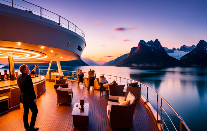 Nt, bustling cruise ship deck with a backdrop of majestic Norwegian fjords