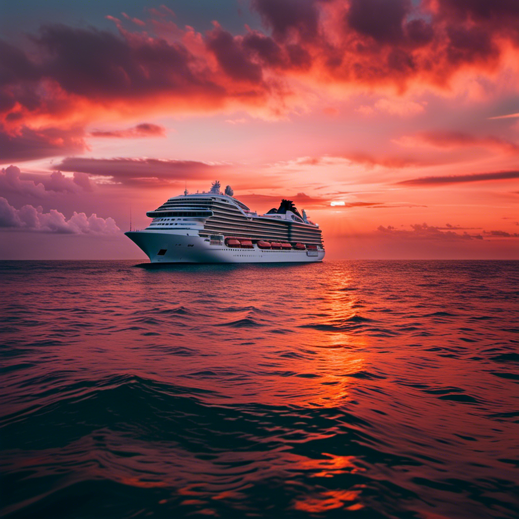 a breathtaking sunset over the vast ocean, with a luxurious Virgin Voyages ship sailing gracefully amidst the golden hues