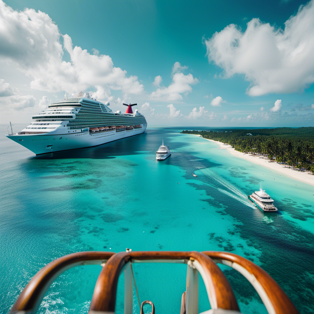 An image showcasing the vastness of the ocean, with a Carnival cruise ship sailing through turquoise waters, surrounded by idyllic tropical islands