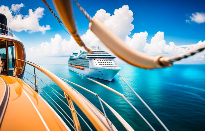 An image showcasing the thrill of a Royal Caribbean test cruise adventure: A towering cruise ship glides through turquoise waters, surrounded by breathtaking landscapes, as vibrant parasails dot the sky and joyful passengers revel in exhilarating onboard activities