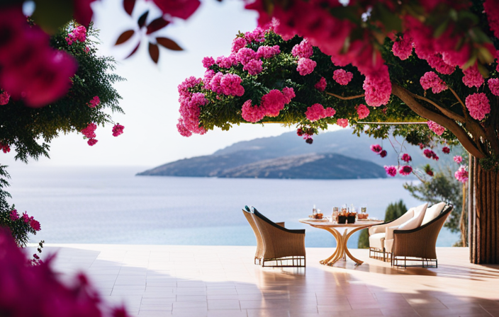 An image showcasing Goop's Mediterranean Wellness Retreat: a serene seaside setting with lush olive groves, crystal-clear waters, and a luxurious spa villa nestled amidst blooming bougainvillea