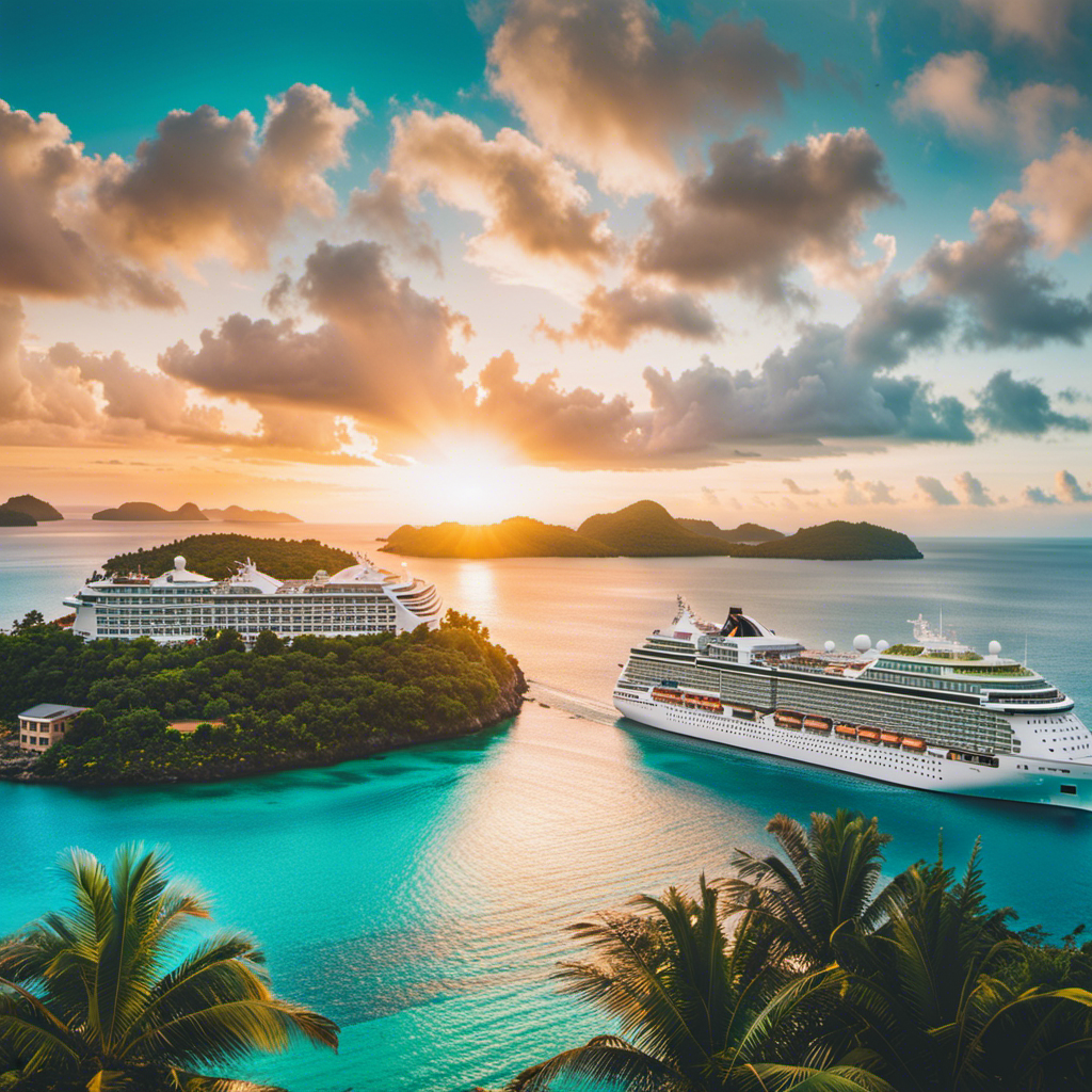 An image showcasing a majestic NCL ship sailing through crystal-clear turquoise waters, surrounded by lush tropical islands