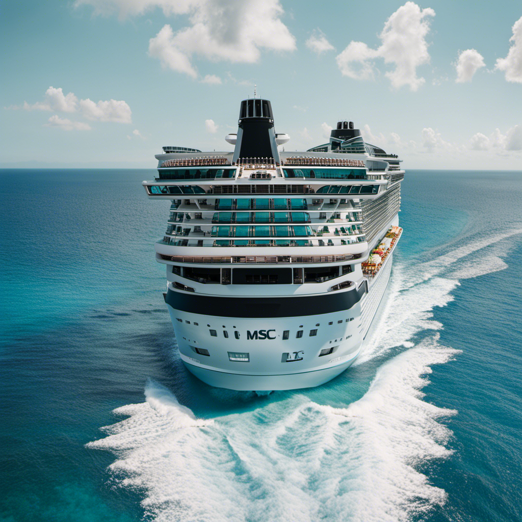 An image capturing the serene beauty of the Msc Seashore cruise ship gliding through calm turquoise waters, surrounded by lush tropical islands, with passengers eagerly lining the deck, brimming with excitement and anticipation